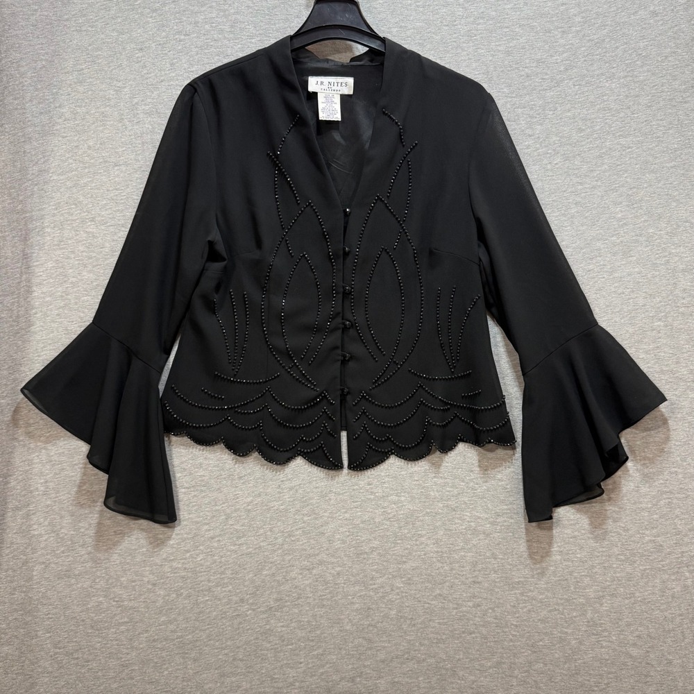 J.R. Nites Evening Blouse Womens 18 Black Beaded Bell Sleeve Formal Whimsigoth